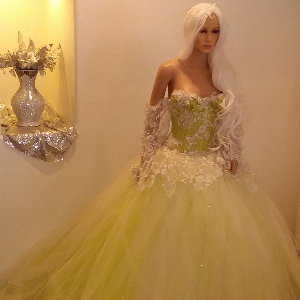 "FAUNA" Ivory & Green Lace Wedding Ballgown Set